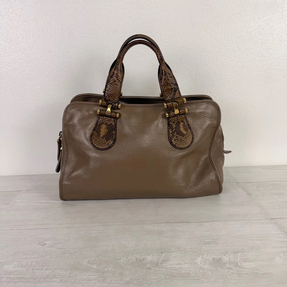 Gucci Satchel Hand Bag Taupe Brown Leather Snakeskin Trim Gold Hardware M Office